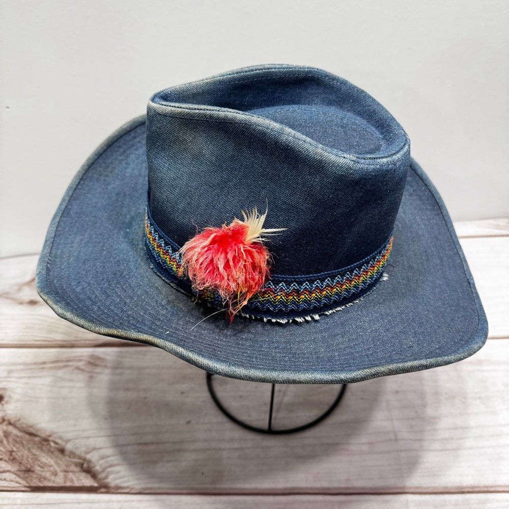 Vintage Denim Cowboy Hat By Canyon Trails Multicolor Ribbon & Feather 3” Brim